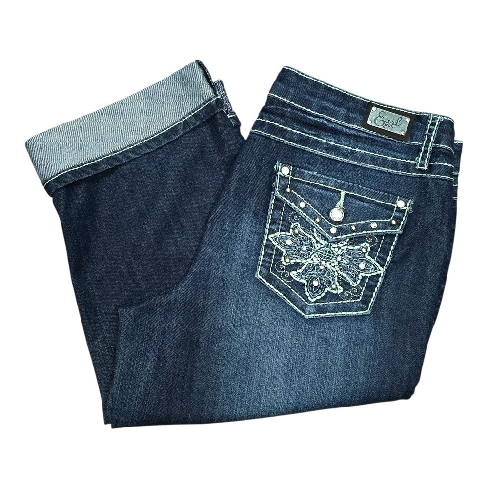 Earl Jean Womens 10P Dark Wash Embroidered Rhinestone Capri Jeans Cropped Blue